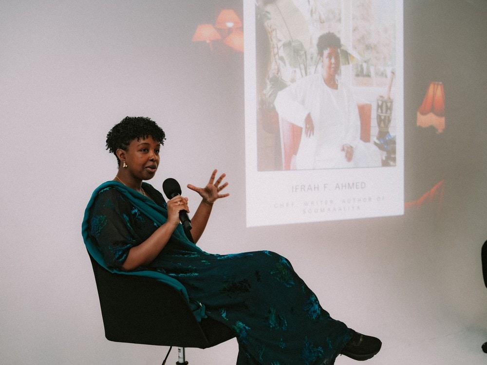 A speaker sharing during a fireside chat